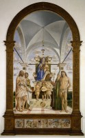 Bartolomeo Montagna "Madonna in trono con il Bambino tra i santi Giovanni Battista, Bartolomeo, Agostino e Sebastiano e tre angeli musici". Nella predella "Cinque fatti dalla vita di san Bartolomeo"